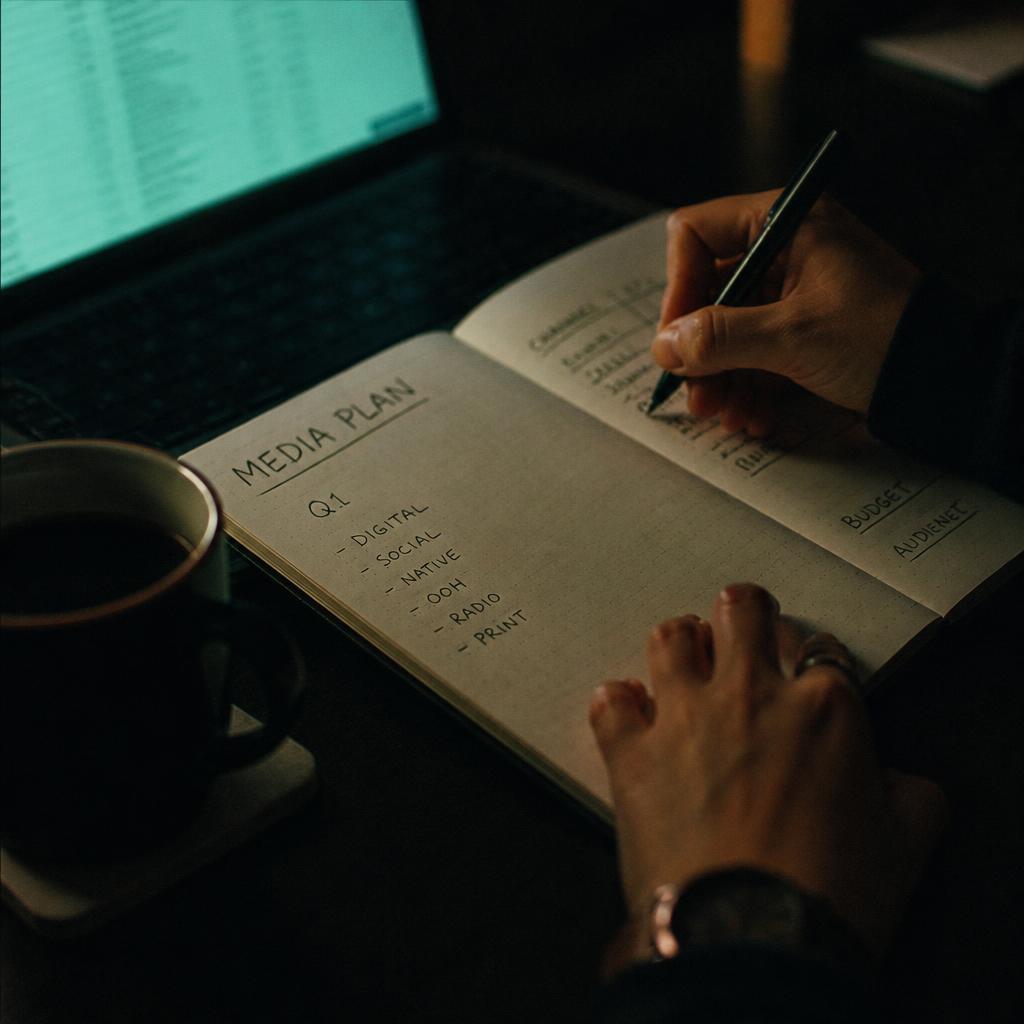 Hands sketching a quarterly media plan in a notebook